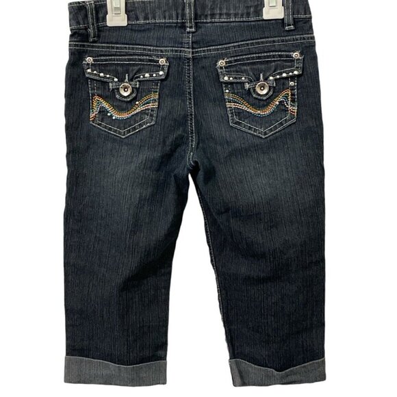 Jolt Girls Capri Denim Jeans Size 12 Blue Cuffed Embroidered Stud Pockets - Picture 5 of 10